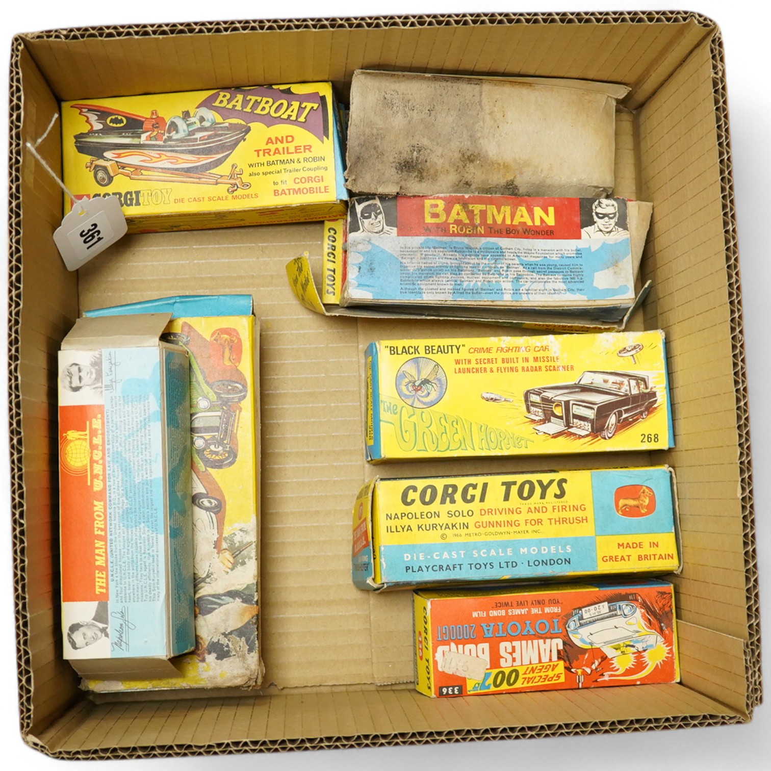 Seven boxed television related Corgi Toys; James Bond 007 Toyota 2000 GT (336), The Green Hornet’s Black Beauty (268), The Saint’s Volvo P1800 (258), The Man From Uncle Thrush-Buster (497) with inner display stand and Wa